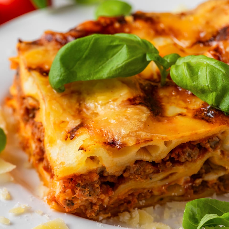 A close-up of a slice of lasagna with melted cheese, meat sauce, and fresh basil.