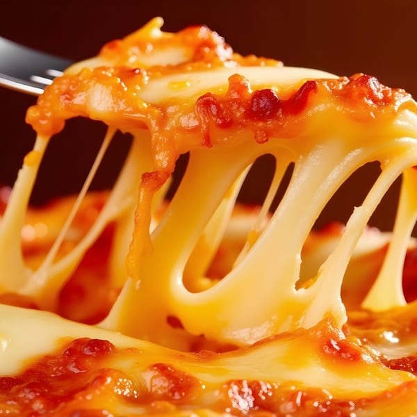 Close-up of a fork lifting a slice of pizza with abundant, stretchy melted cheese and red sauce.