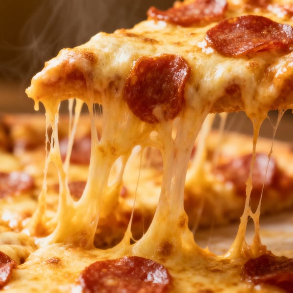 Steaming hot slice of Fairway Pizza pepperoni pizza with melted cheese stretching from the pie.