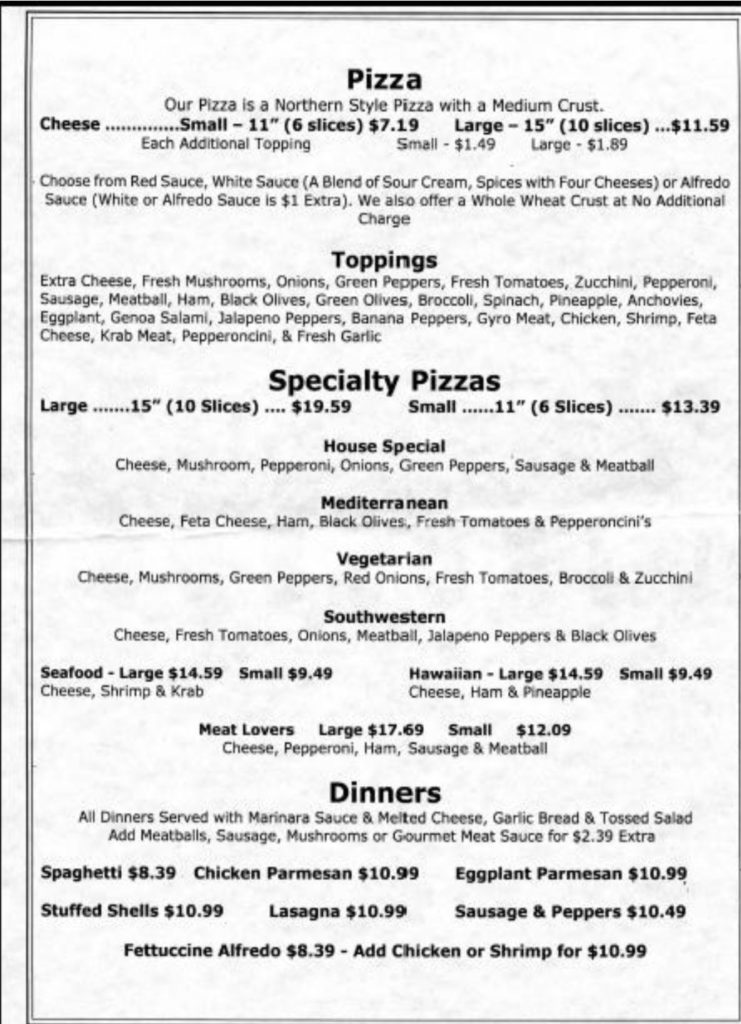 Fairway Pizza Menu Options Including Luncheon Specials and More